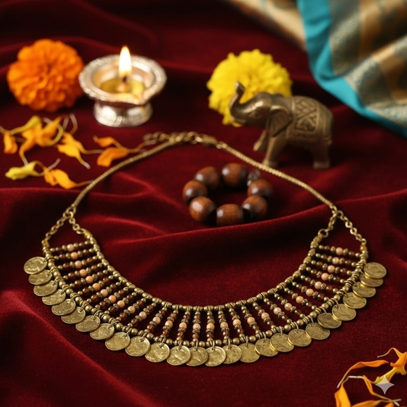 ๐๏ธ Boho Tribal Bib Necklace | Artisan Handmade Glass Beads & Coin Trendy Charms - Picture 12 of 12